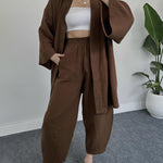 Zeagoo Women's Casual Loungewear Set Solid Color Loose Long Sleeve Kimono Cardigan and Pants