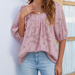 Zeagoo Quare Neck Babydoll Tops 3/4 Puff Sleeve Lace Blouse Summer Floral Textured Shirts