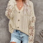 Zeagoo Long Sleeve Lace Cable Knit Sweater Open Front Cardigan Button Loose Shirts