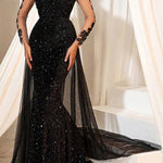 Evening Gown Dark Brown Sequined Lace Tulle Overskirt Mermaid Maxi Dress
