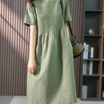 Zeagoo Women's Crew Neck Cotton Linen Plain Dress Casual Loose Short Sleeve Sundress with Pockets