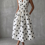 Black‑and‑White Classic Polka Dot French Sleeveless Midi Dress