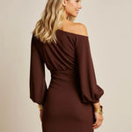 Brown One Shoulder Lantern-Sleeve Dress