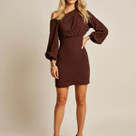 Brown One Shoulder Lantern-Sleeve Dress