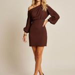Brown One Shoulder Lantern-Sleeve Dress