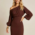 Brown One Shoulder Lantern-Sleeve Dress