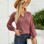 Zeagoo V Neck Tops Solid Color Blouse Long Sleeve Pullover Lace Patchwork Shirt