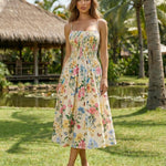 Cream Floral Butterfly Print Smocked Waist Midi Dress