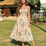 Cream Floral Butterfly Print Smocked Waist Midi Dress