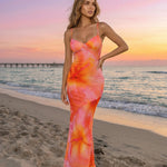 Pink Orange Hibiscus Print Sweetheart Neck Maxi Dress