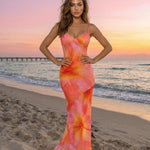 Pink Orange Hibiscus Print Sweetheart Neck Maxi Dress