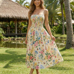 Cream Floral Butterfly Print Smocked Waist Midi Dress
