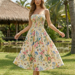 Cream Floral Butterfly Print Smocked Waist Midi Dress