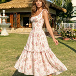 White Floral Print Tie Strap Tiered Midi Dress