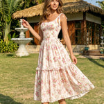 White Floral Print Tie Strap Tiered Midi Dress