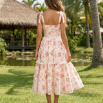 White Floral Print Tie Strap Tiered Midi Dress