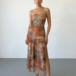 Earth Tone Print Ruched Sheer Mesh Slim Fit Midi Dress