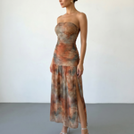 Earth Tone Print Ruched Sheer Mesh Slim Fit Midi Dress