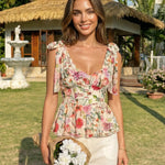 Floral Print Tie Strap Peplum Blouse