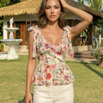 Floral Print Tie Strap Peplum Blouse