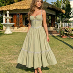 Green Lace Trim Corset Spaghetti Strap Midi Dress