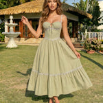 Green Lace Trim Corset Spaghetti Strap Midi Dress