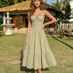 Green Lace Trim Corset Spaghetti Strap Midi Dress
