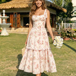 White Floral Print Tie Strap Tiered Midi Dress