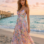 Elegant Floral Print V-Neck Pleated Midi Dress