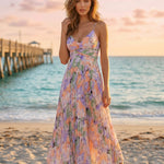 Elegant Floral Print V-Neck Pleated Midi Dress