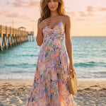 Elegant Floral Print V-Neck Pleated Midi Dress