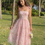 Pink Floral Embroidered Tulle Midi Dress
