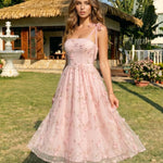 Pink Floral Embroidered Tulle Midi Dress