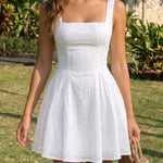 White Eyelet Embroidery Square Neck Fit Flare Vacation Mini Dress