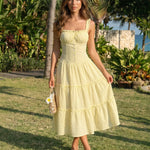Yellow Gingham Print Ruffled Strap Tiered Midi Dress
