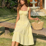 Yellow Gingham Print Ruffled Strap Tiered Midi Dress