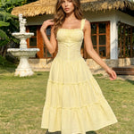 Yellow Gingham Print Ruffled Strap Tiered Midi Dress