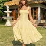 Yellow Gingham Print Ruffled Strap Tiered Midi Dress