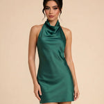 Dark Green Cowl Neck Satin Slim Fit Mini Dress