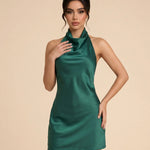 Dark Green Cowl Neck Satin Slim Fit Mini Dress