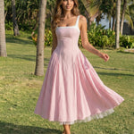 Pink Gingham Lace Trim Midi Dress
