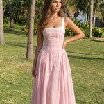 Pink Gingham Lace Trim Midi Dress