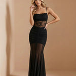 Black Lace Sheer Waist Ruched Mermaid Maxi Dress