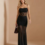 Black Lace Sheer Waist Ruched Mermaid Maxi Dress