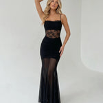 Black Lace Sheer Waist Ruched Mermaid Maxi Dress