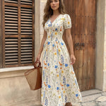 White Floral Print Puff Sleeve Maxi Dress