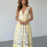 Yellow Floral Embroidery V-Neck Midi Dress