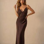 Brown Lace Trim Satin Cami Maxi Dress