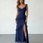 Blue Polka Dot Ruffle Strap High Slit Maxi Dress
