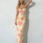 Yellow Floral Print Criss Cross Backless Maxi Dress
